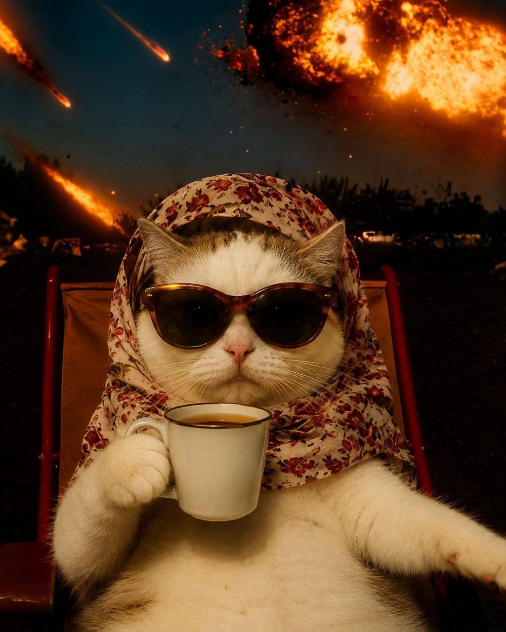 Art of Móm in a floral headscarf and sunglasses, sipping coffee while meteors fall behind her
