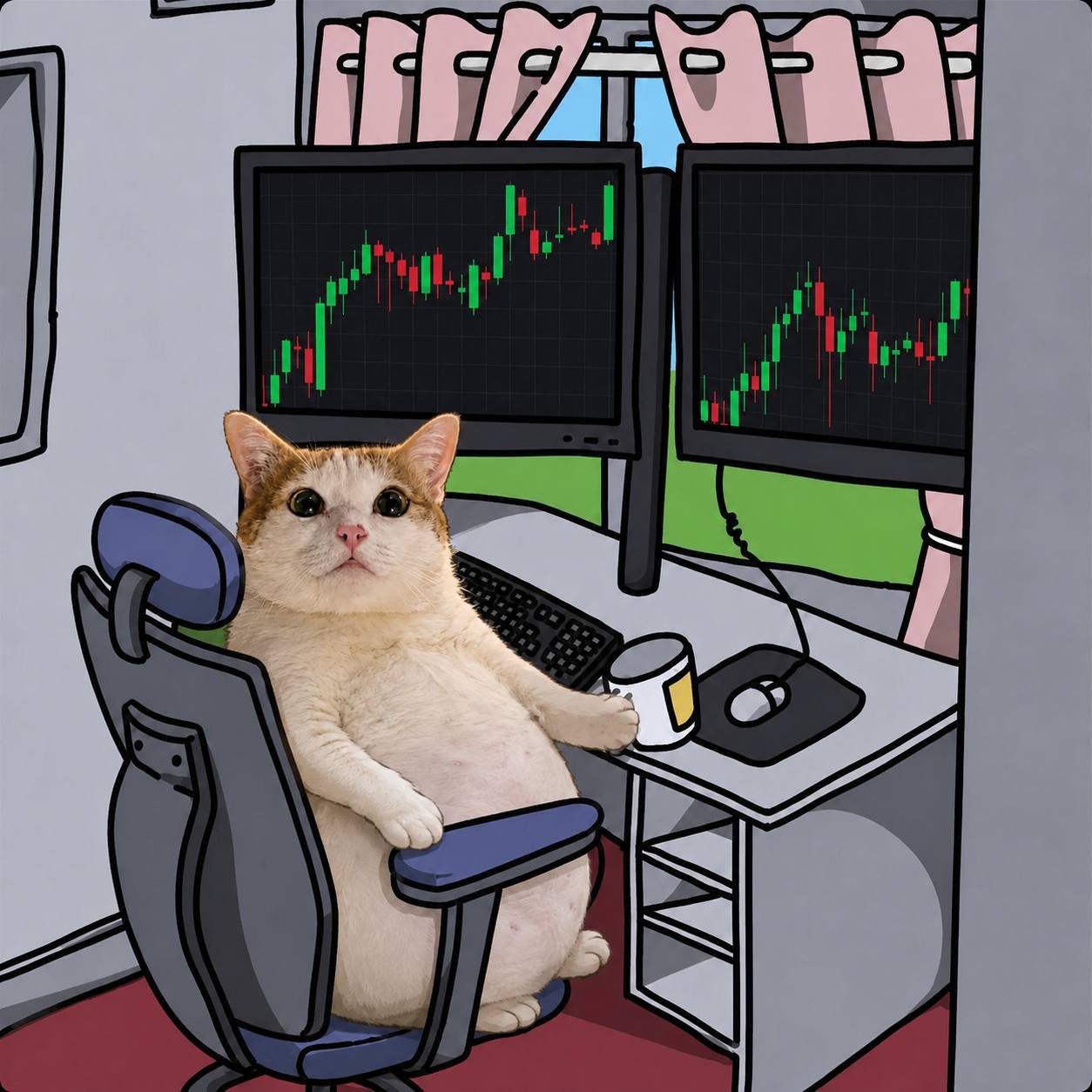 Art of Móm at a trading desk with two monitors of green candles, mug in paw