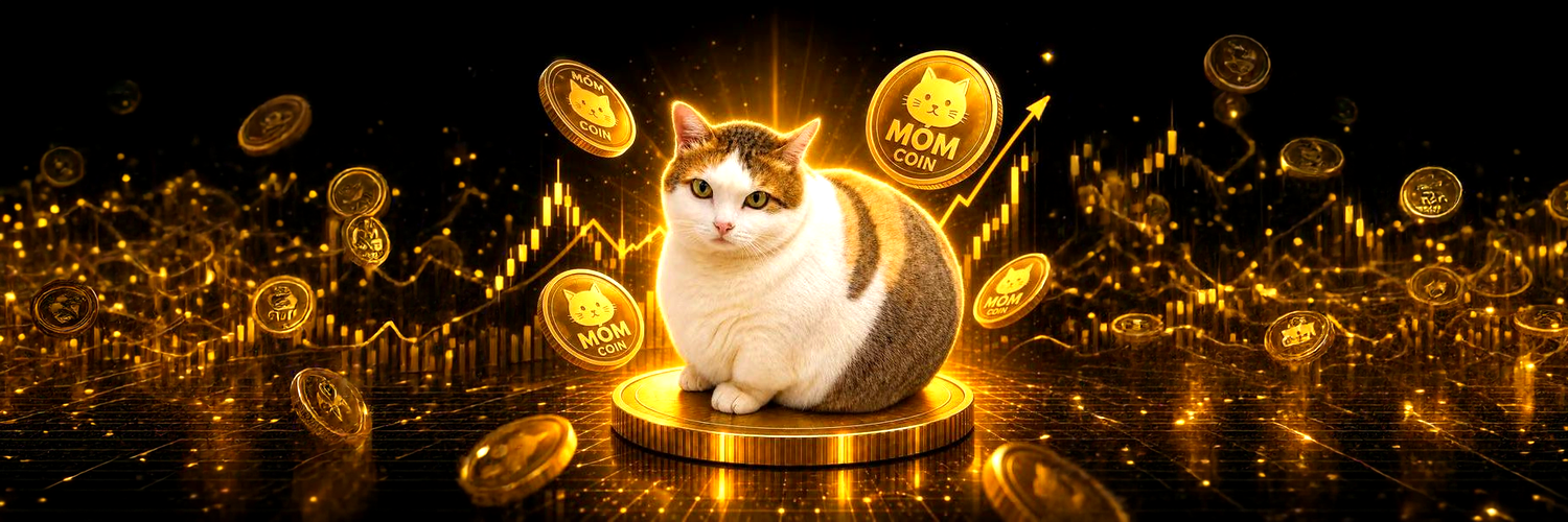 MÓM COIN banner: Móm on a golden coin podium surrounded by rising golden charts and MÓM coins